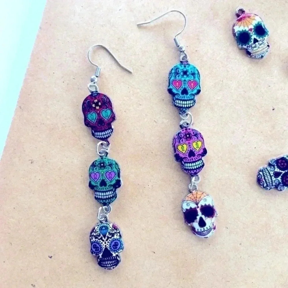 Sugar Skull Dia de los Muertos Mixed Style Drop Earrings Handmade